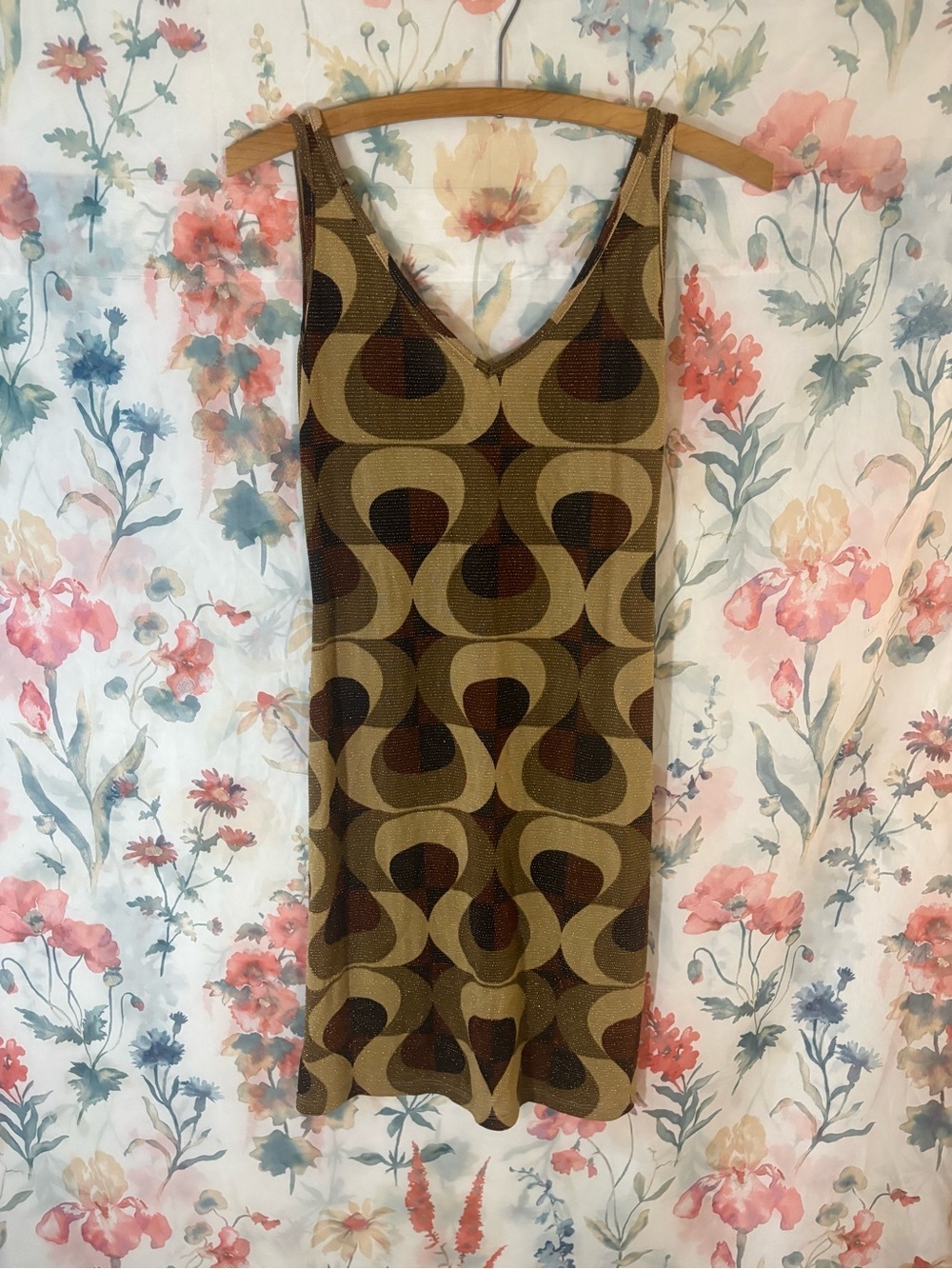 Vintage Retro Geometric Knit Tank Dress in Olive and Brown